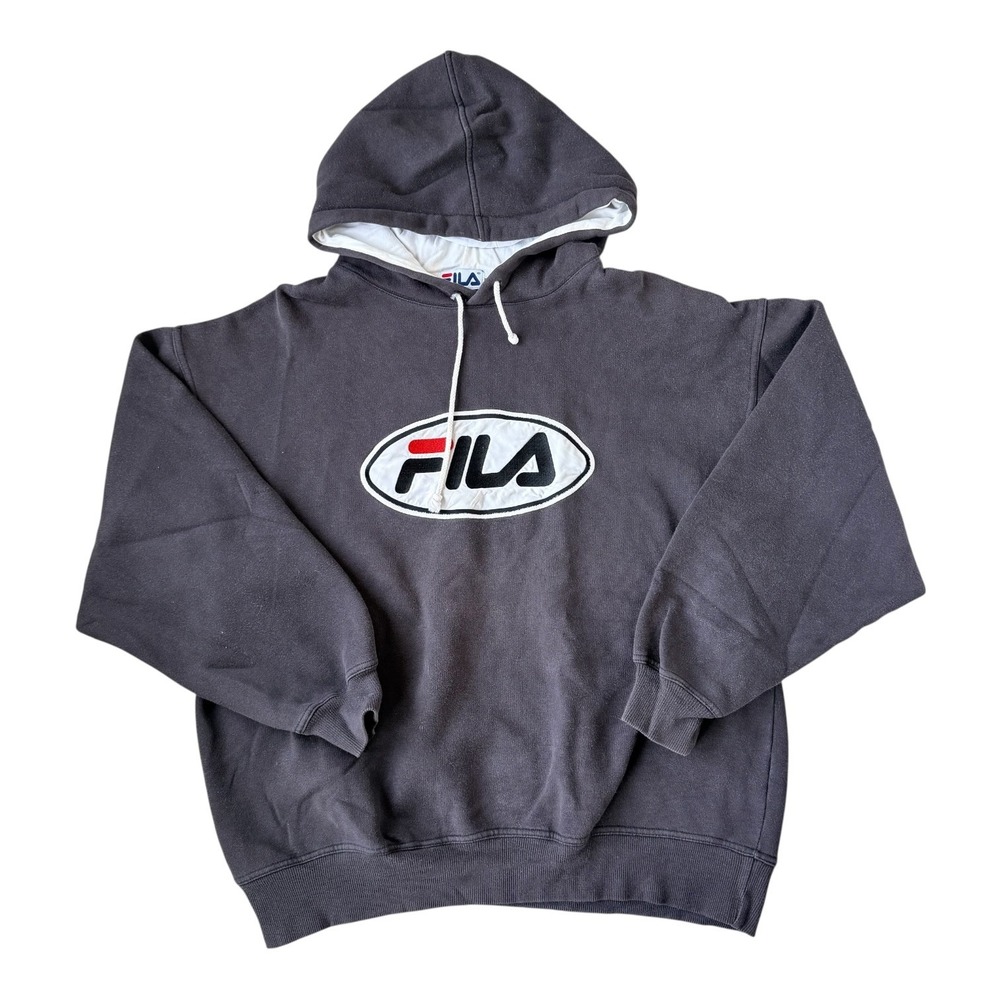 Vintage FILA Logo Hoodie Mens Large Black Y2K Streetwear Spellout Pullover